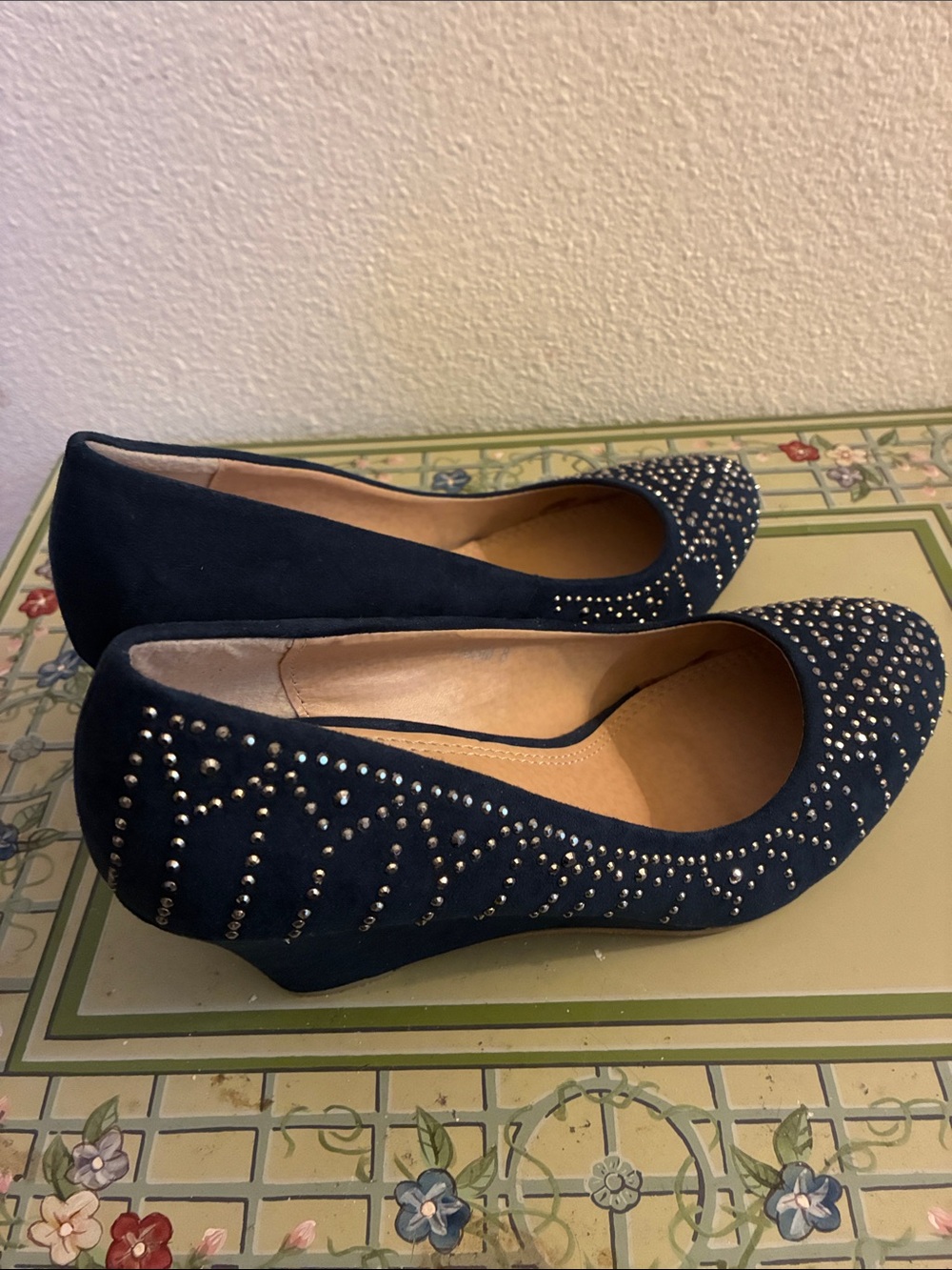 Women’s Navy Suede Studded Round-Toe Flats
